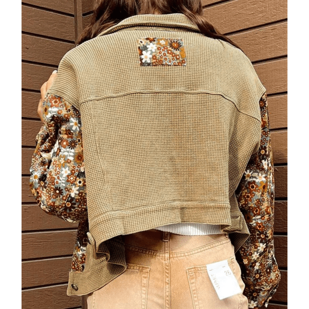 RTS Khaki Waffle Knit Floral Print Patchwork Button up Jacket