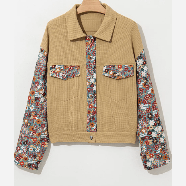 RTS Khaki Waffle Knit Floral Print Patchwork Button up Jacket