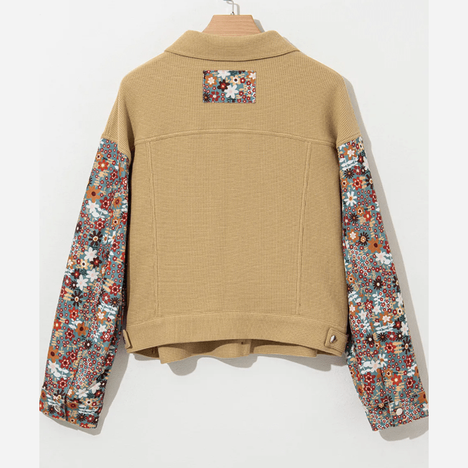 RTS Khaki Waffle Knit Floral Print Patchwork Button up Jacket