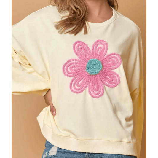 RTS Tinsel Flower Dropped Puff Sleeve Sweatshirt