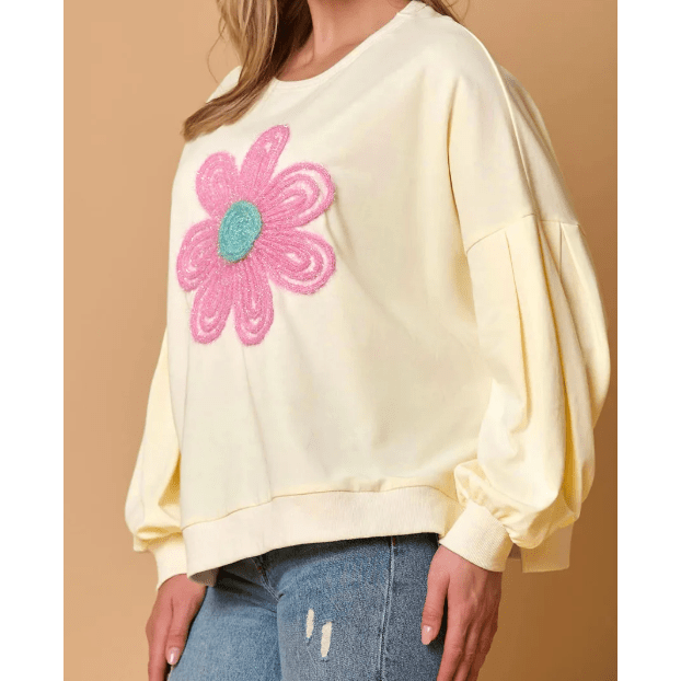 RTS Tinsel Flower Dropped Puff Sleeve Sweatshirt