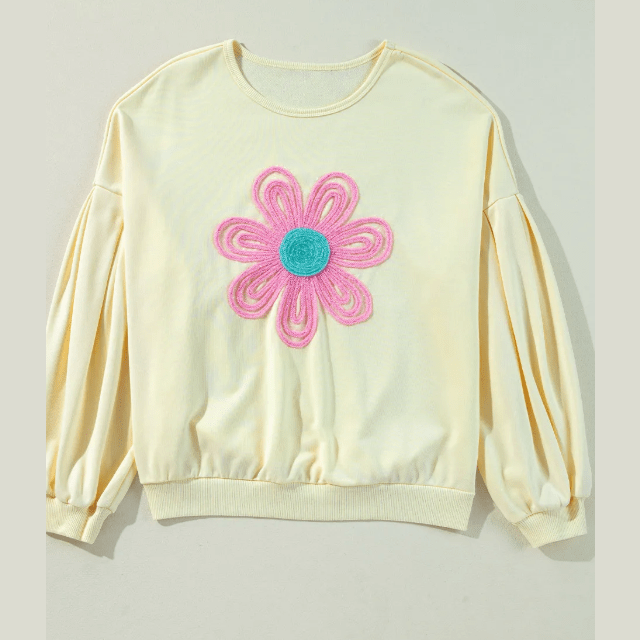 RTS Tinsel Flower Dropped Puff Sleeve Sweatshirt