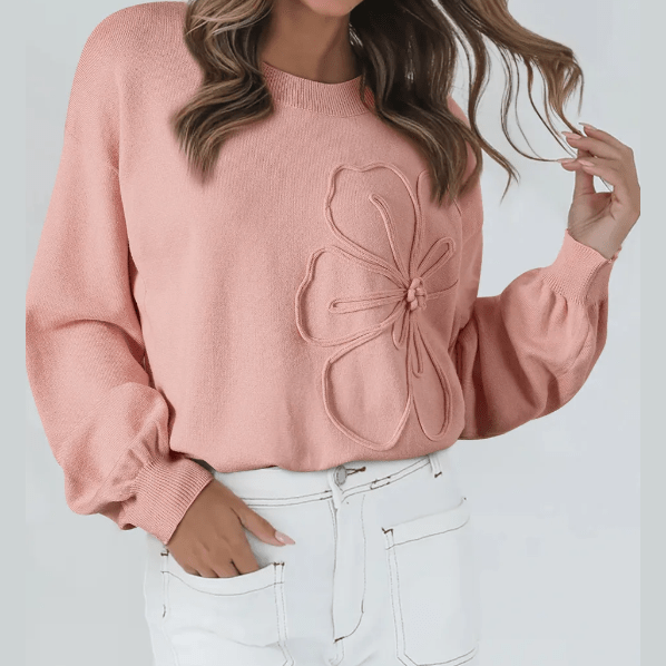 RTS Big Flower Accent Bubble Sleeve Drop Shoulder Sweater