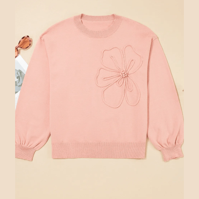 RTS Big Flower Accent Bubble Sleeve Drop Shoulder Sweater
