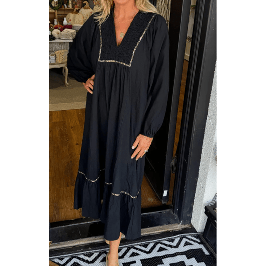 RTS Black Collared V Neck Smocked Detail Contrast Leopard Trim Bracelet Sleeve Long Dress