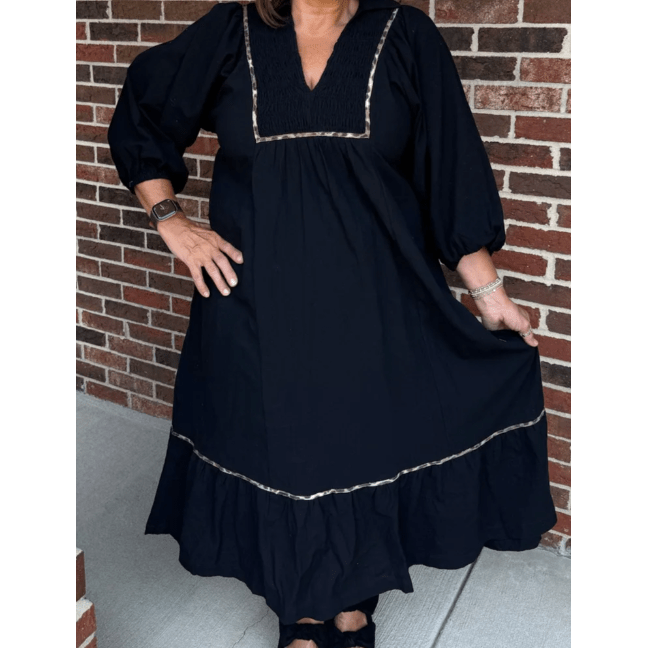 RTS Black Collared V Neck Smocked Detail Contrast Leopard Trim Bracelet Sleeve Long Dress