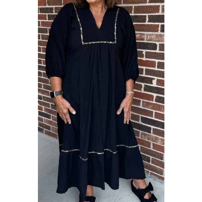 RTS Black Collared V Neck Smocked Detail Contrast Leopard Trim Bracelet Sleeve Long Dress