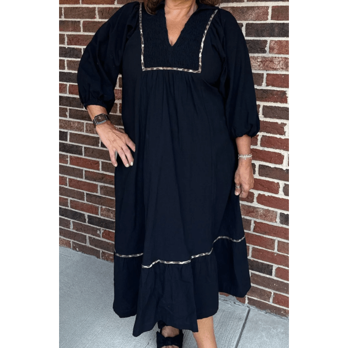 RTS Black Collared V Neck Smocked Detail Contrast Leopard Trim Bracelet Sleeve Long Dress