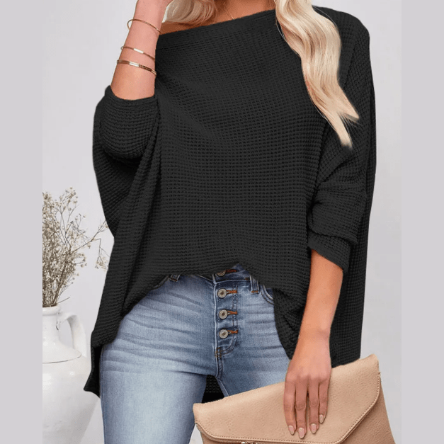 Abbigale Black Waffle Knit Eyelet Long Sleeve Blouse