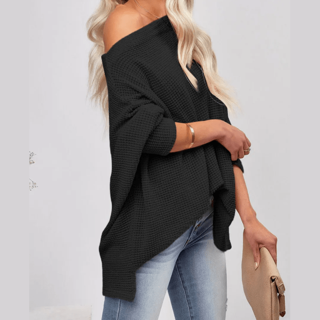 Abbigale Black Waffle Knit Eyelet Long Sleeve Blouse