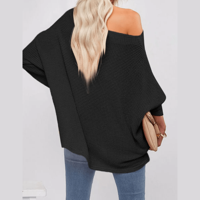 Abbigale Black Waffle Knit Eyelet Long Sleeve Blouse