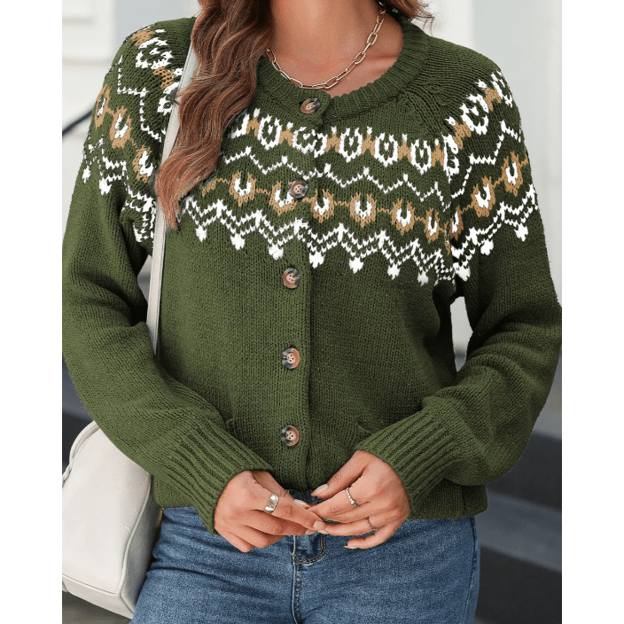 Tamia Moss Green Western Fashion Abstract Printed Cardigan Sweater