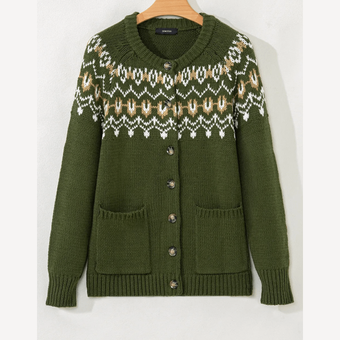 Tamia Moss Green Western Fashion Abstract Printed Cardigan Sweater