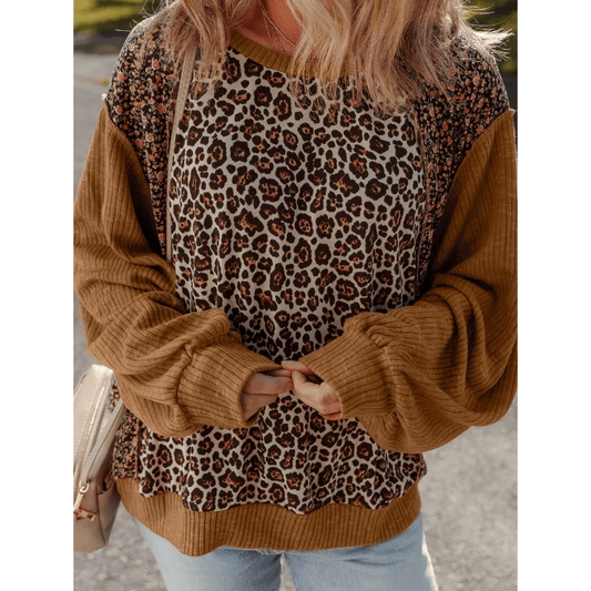 Issy Brown Leopard Floral Print Ribbed Puff Sleeve Patchwork Loose Pullover
