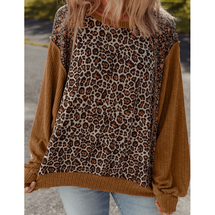 Issy Brown Leopard Floral Print Ribbed Puff Sleeve Patchwork Loose Pullover