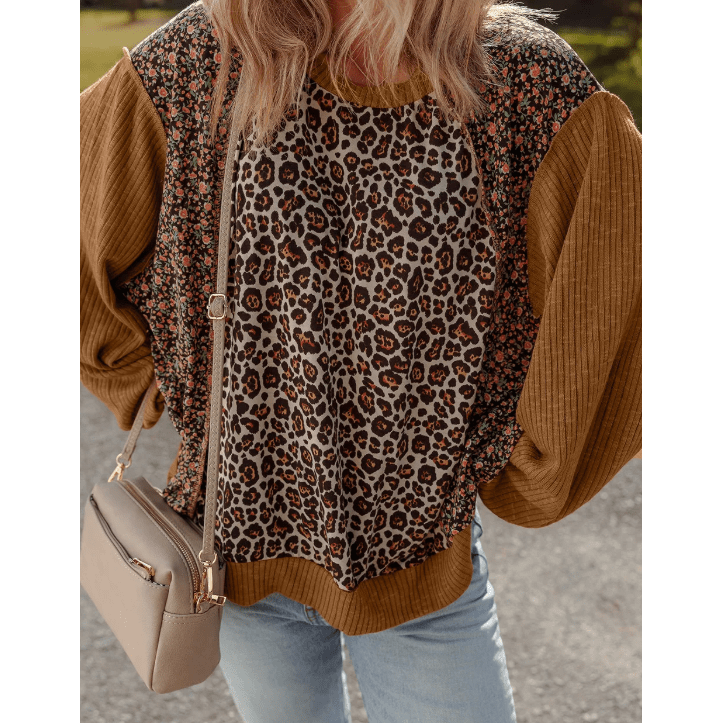 Issy Brown Leopard Floral Print Ribbed Puff Sleeve Patchwork Loose Pullover