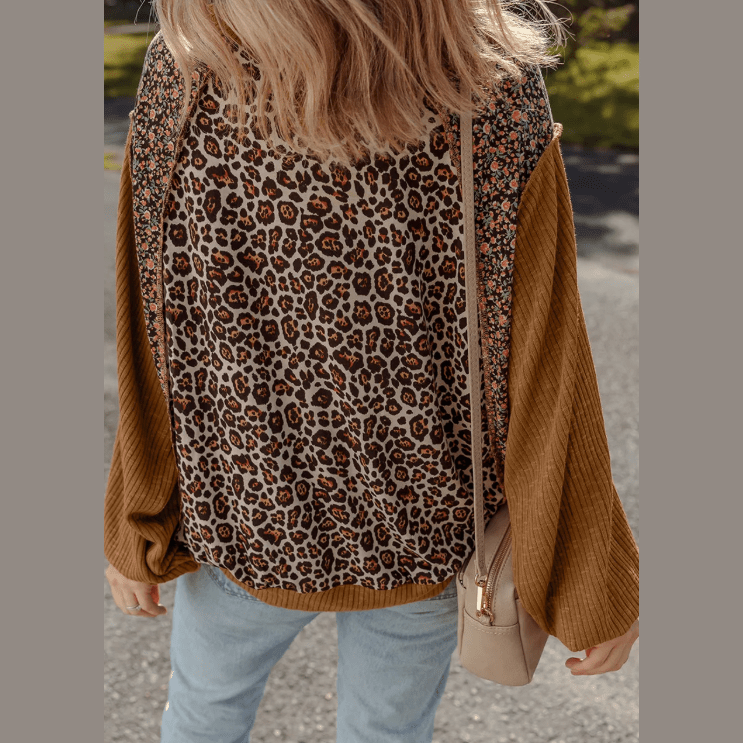 Issy Brown Leopard Floral Print Ribbed Puff Sleeve Patchwork Loose Pullover