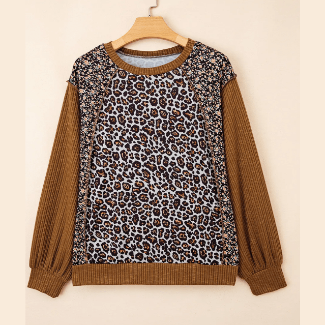 Issy Brown Leopard Floral Print Ribbed Puff Sleeve Patchwork Loose Pullover