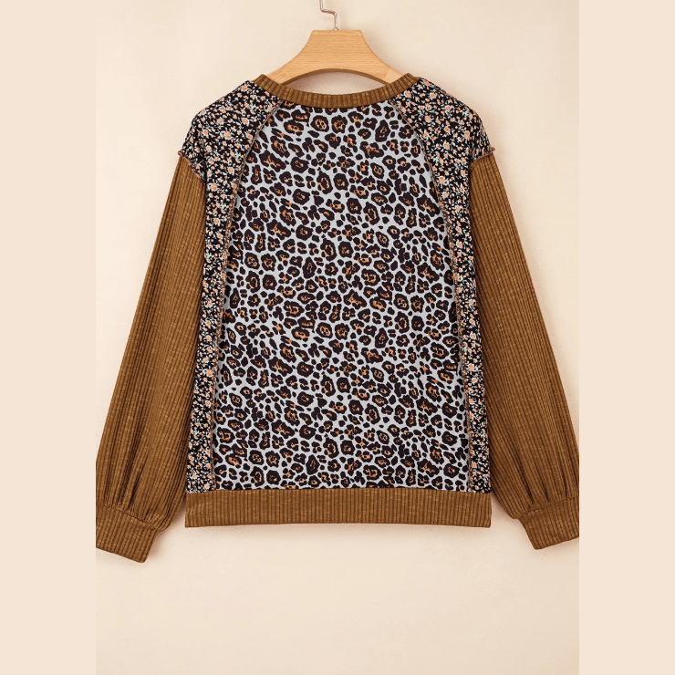 Issy Brown Leopard Floral Print Ribbed Puff Sleeve Patchwork Loose Pullover