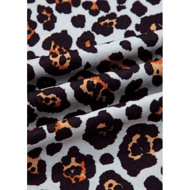 Issy Brown Leopard Floral Print Ribbed Puff Sleeve Patchwork Loose Pullover