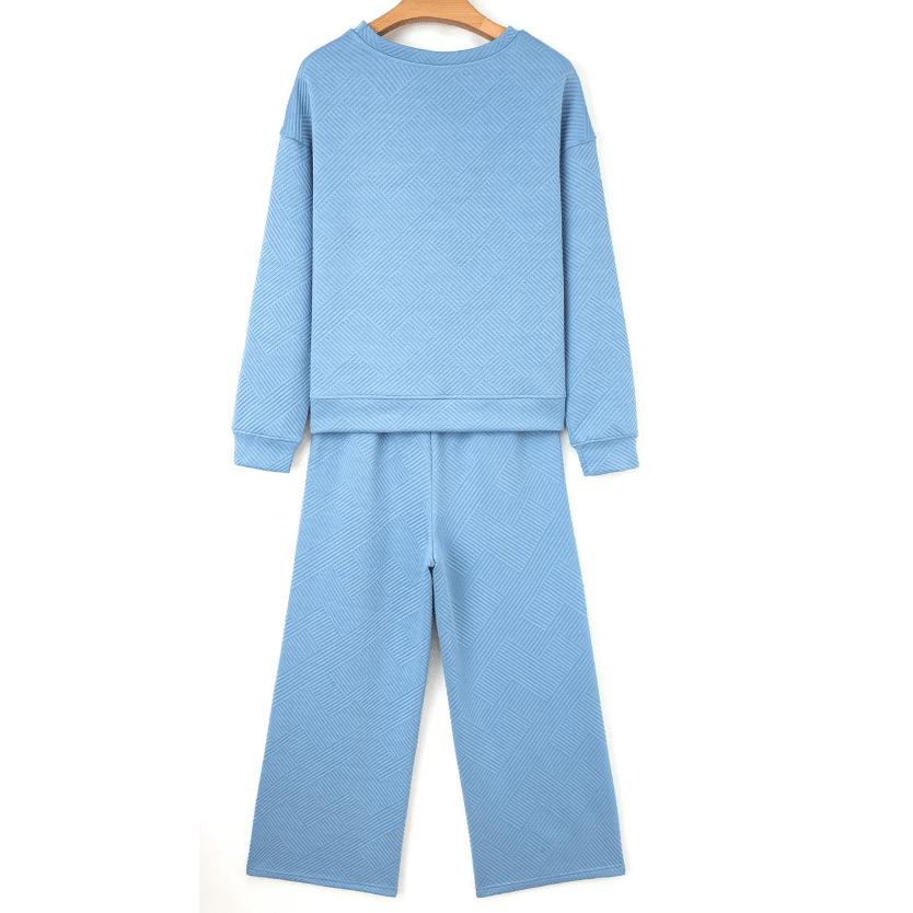 Cristabelle Beau Blue Floral Patchwork Drop Shoulder Pullover and Sweatpants Lounge Set