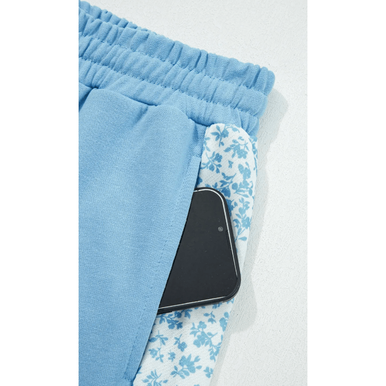 Cristabelle Beau Blue Floral Patchwork Drop Shoulder Pullover and Sweatpants Lounge Set