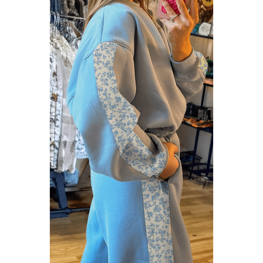Cristabelle Beau Blue Floral Patchwork Drop Shoulder Pullover and Sweatpants Lounge Set