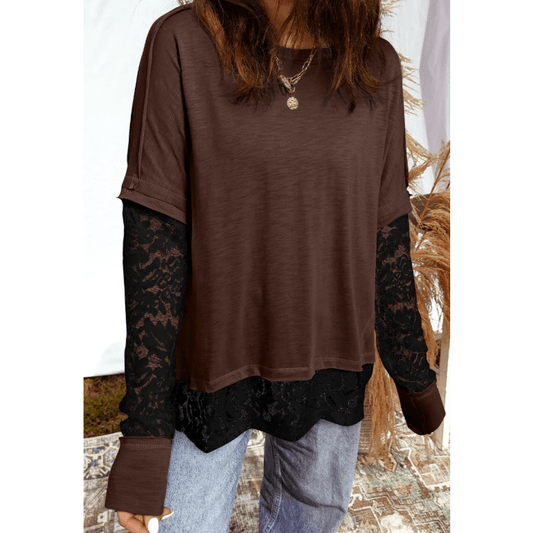 Jorja Dark Brown Sheer Lace Patchwork Casual Long Sleeve Tee