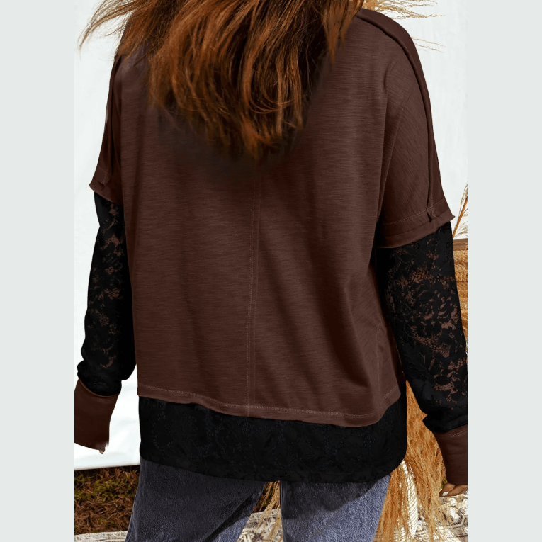 Jorja Dark Brown Sheer Lace Patchwork Casual Long Sleeve Tee