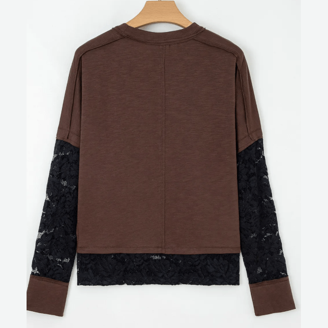 Jorja Dark Brown Sheer Lace Patchwork Casual Long Sleeve Tee