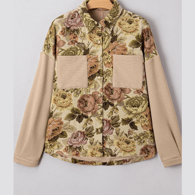 Lilyanne Khaki Floral Waffle Knit Patchwork Chest Pockets Buttoned Jacket