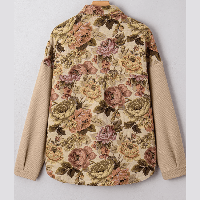 Lilyanne Khaki Floral Waffle Knit Patchwork Chest Pockets Buttoned Jacket
