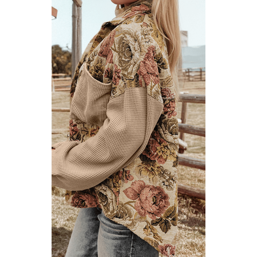 Lilyanne Khaki Floral Waffle Knit Patchwork Chest Pockets Buttoned Jacket