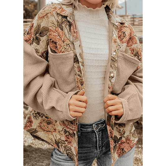Lilyanne Khaki Floral Waffle Knit Patchwork Chest Pockets Buttoned Jacket
