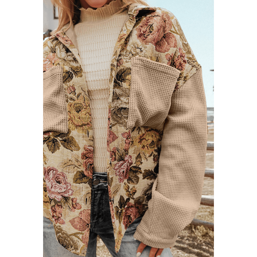Lilyanne Khaki Floral Waffle Knit Patchwork Chest Pockets Buttoned Jacket