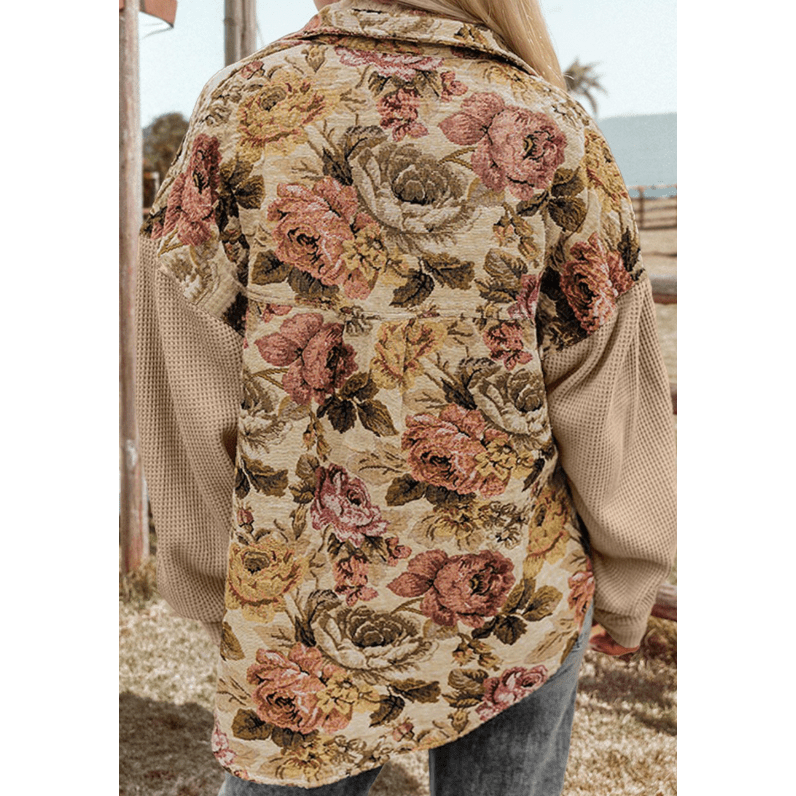 Lilyanne Khaki Floral Waffle Knit Patchwork Chest Pockets Buttoned Jacket