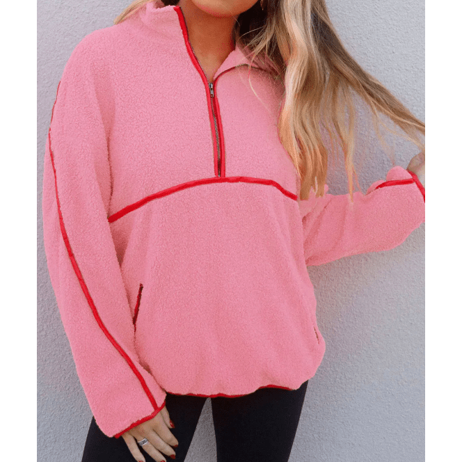 Isabeli Strawberry Pink Sherpa Contrast Faux Leather Trim Half Zip Pocketed Pullover Sweatshirt