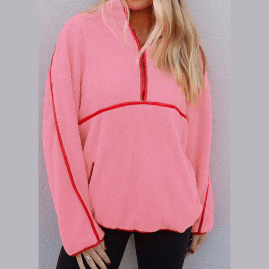 Isabeli Strawberry Pink Sherpa Contrast Faux Leather Trim Half Zip Pocketed Pullover Sweatshirt