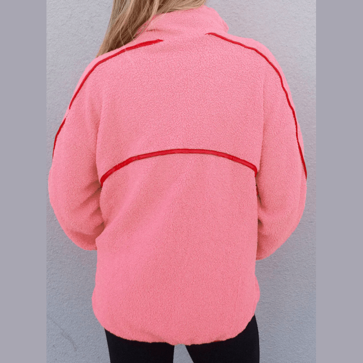 Isabeli Strawberry Pink Sherpa Contrast Faux Leather Trim Half Zip Pocketed Pullover Sweatshirt