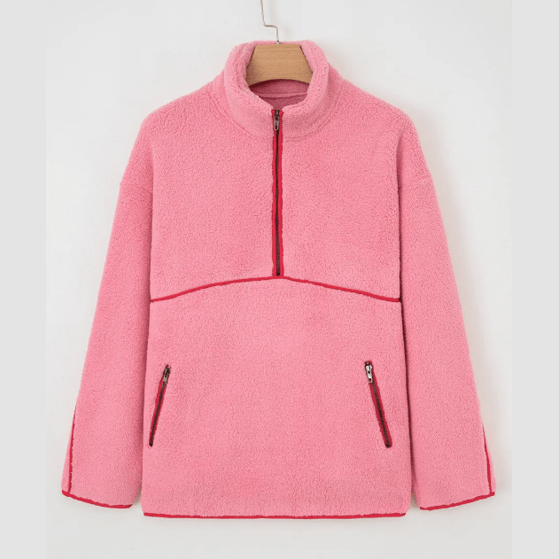 Isabeli Strawberry Pink Sherpa Contrast Faux Leather Trim Half Zip Pocketed Pullover Sweatshirt