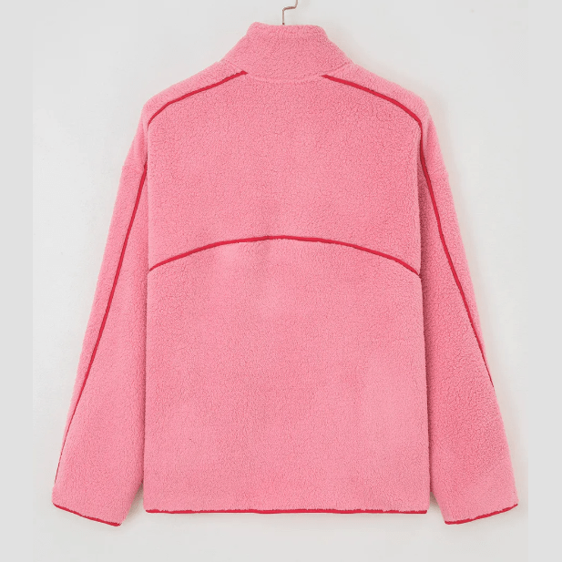 Isabeli Strawberry Pink Sherpa Contrast Faux Leather Trim Half Zip Pocketed Pullover Sweatshirt