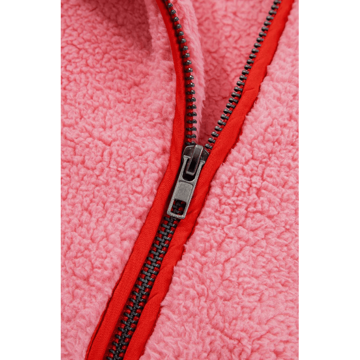 Isabeli Strawberry Pink Sherpa Contrast Faux Leather Trim Half Zip Pocketed Pullover Sweatshirt