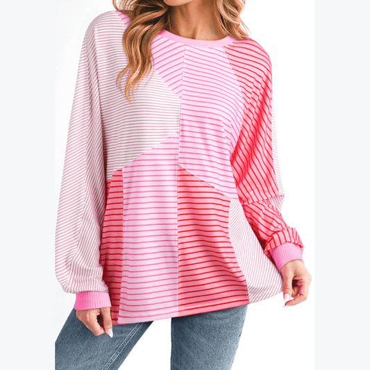 Jenesis Sachet Pink Striped Colorblock Exposed Seam Casual Long Sleeve Top