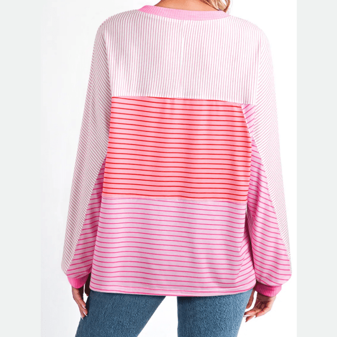Jenesis Sachet Pink Striped Colorblock Exposed Seam Casual Long Sleeve Top