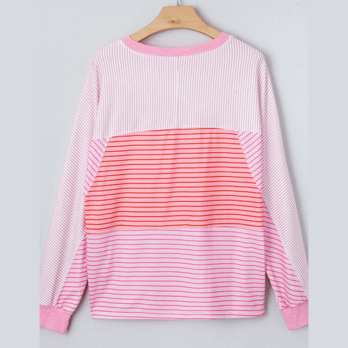 Jenesis Sachet Pink Striped Colorblock Exposed Seam Casual Long Sleeve Top