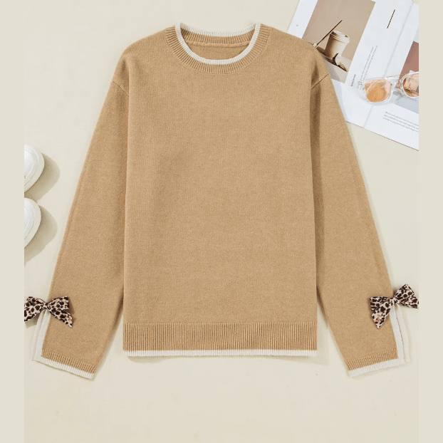 Aliza Tan Leopard Bow Decor Split Cuff Contrast Trim Sweater