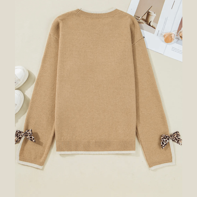 Aliza Tan Leopard Bow Decor Split Cuff Contrast Trim Sweater