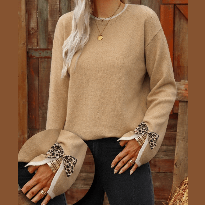 Aliza Tan Leopard Bow Decor Split Cuff Contrast Trim Sweater