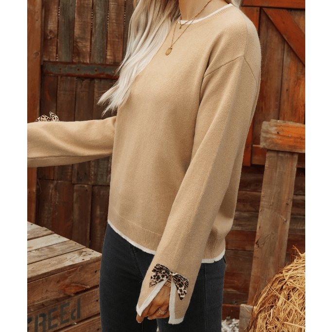 Aliza Tan Leopard Bow Decor Split Cuff Contrast Trim Sweater