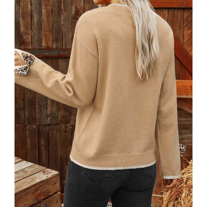 Aliza Tan Leopard Bow Decor Split Cuff Contrast Trim Sweater